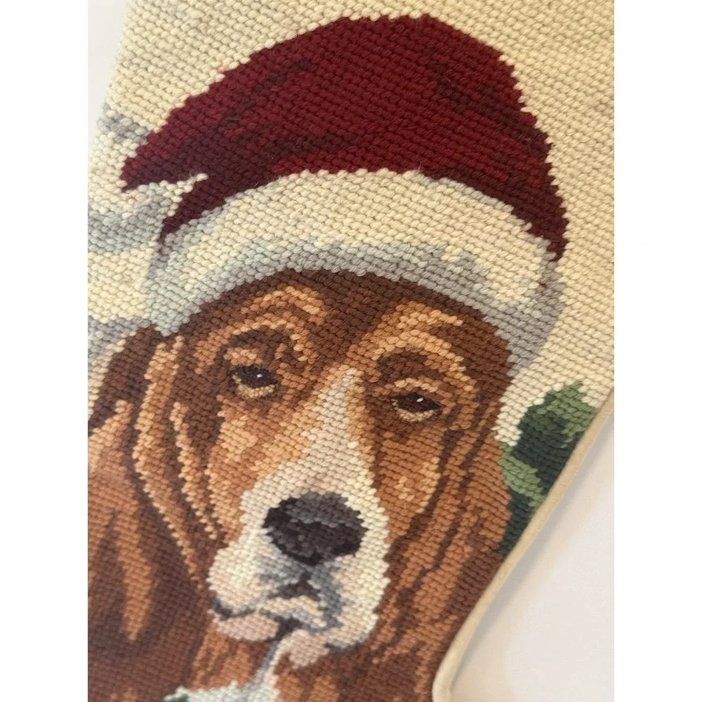 Vintage 100% Wool Needlepoint Basset Hound Dog Christmas Stocking 17